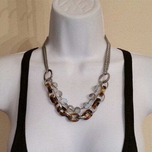 LOFT layered look silver tone double chain + tortoise chain and crystals. - Picture 1 of 4